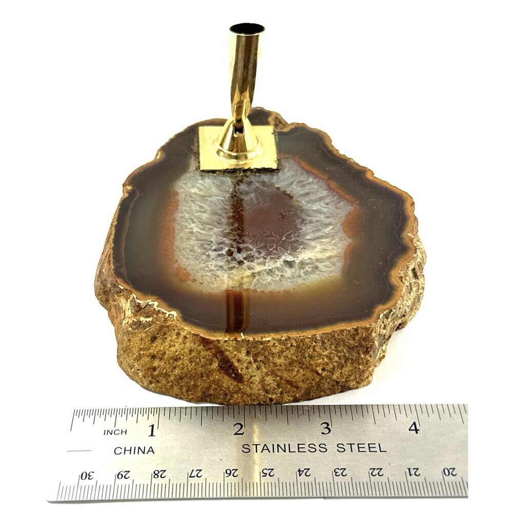 Vintage Manuel Russo Agate Slice Desk Pen Holder w/ Gold Tone Pen 5.5” - Picture 6 of 8